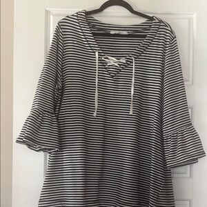 Fever Black and White Bell Sleeve Blouse with Tie Front